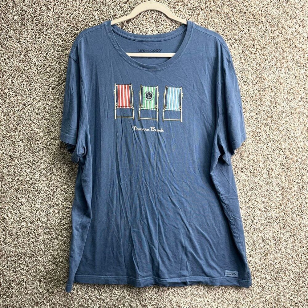 Life Is Good T-Shirt Men’s XXL Crusher-Lite Blue Navarre Beach Chairs Graphic
